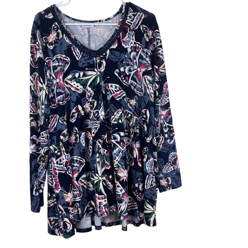 Avenue Butterfly Print Tunic Women Size 20 Navy Blue Lace Top Boho Whimsy Chic